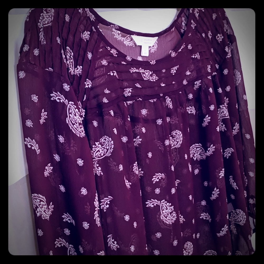 Lauren Conrad Maroon and White Sheer Paisley Top